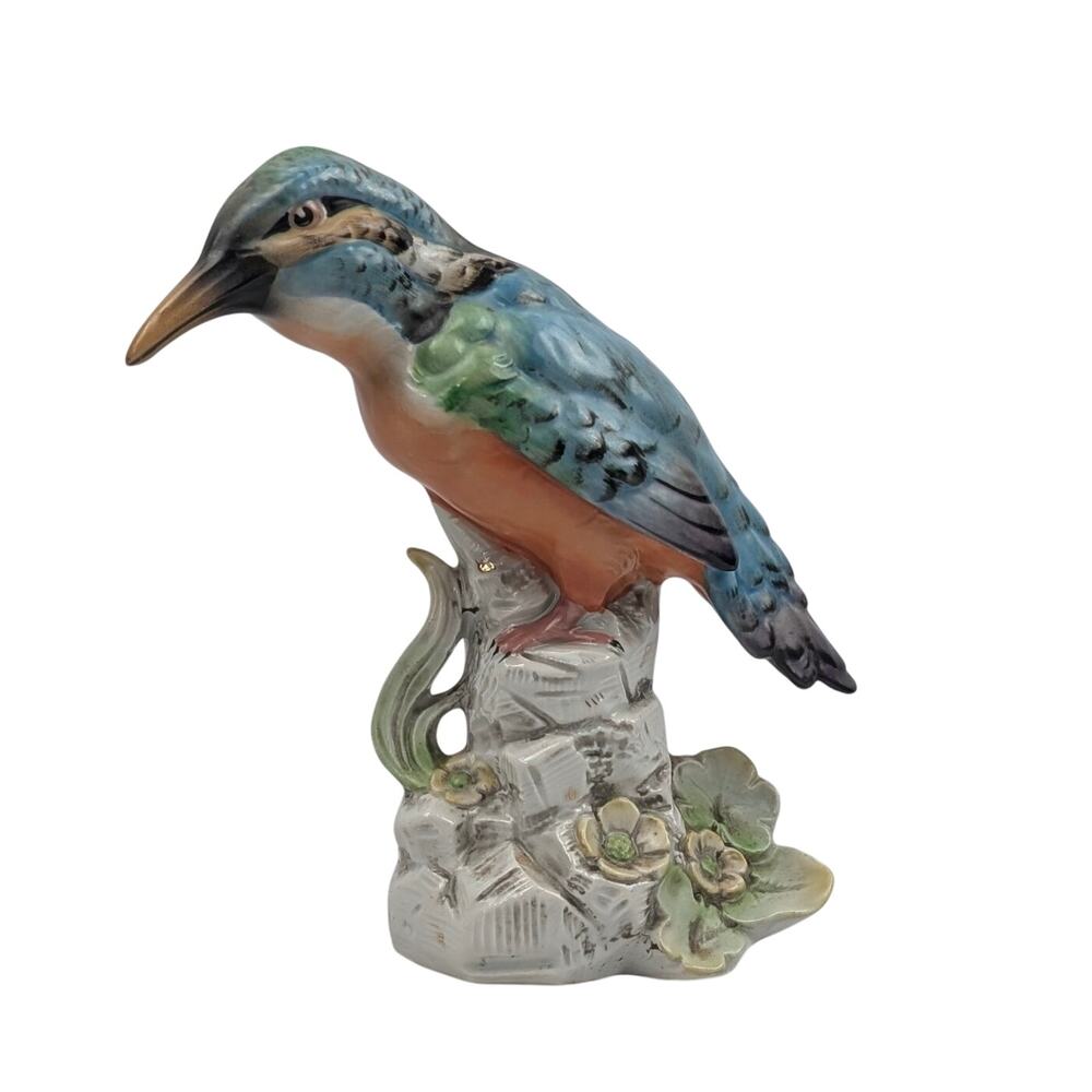 Vintage Porcelain Kingfisher Bird Figurine Hand Painted 7.5" Collectible Decor